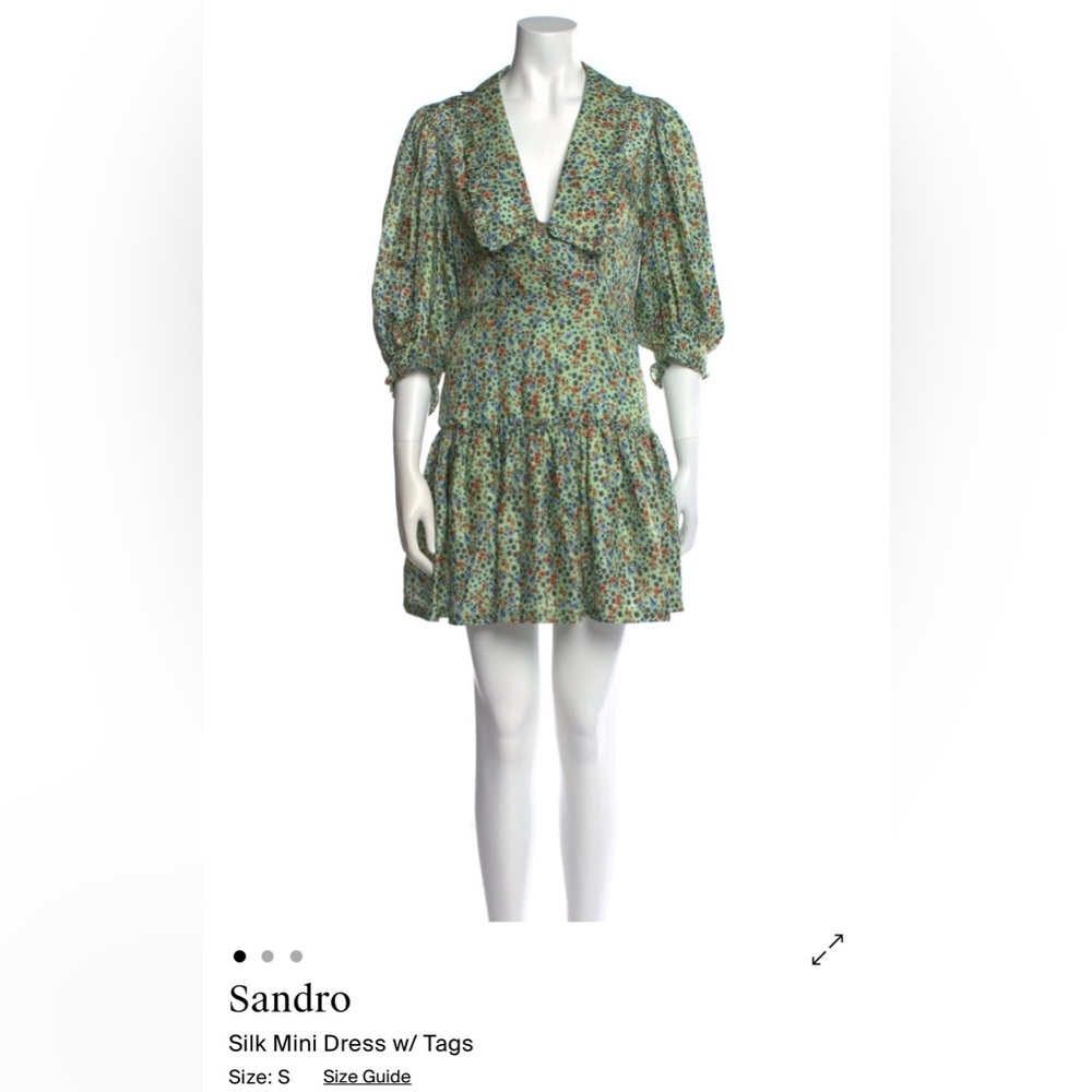 Sandro Green Floral V-Neck Silk Mini Dress